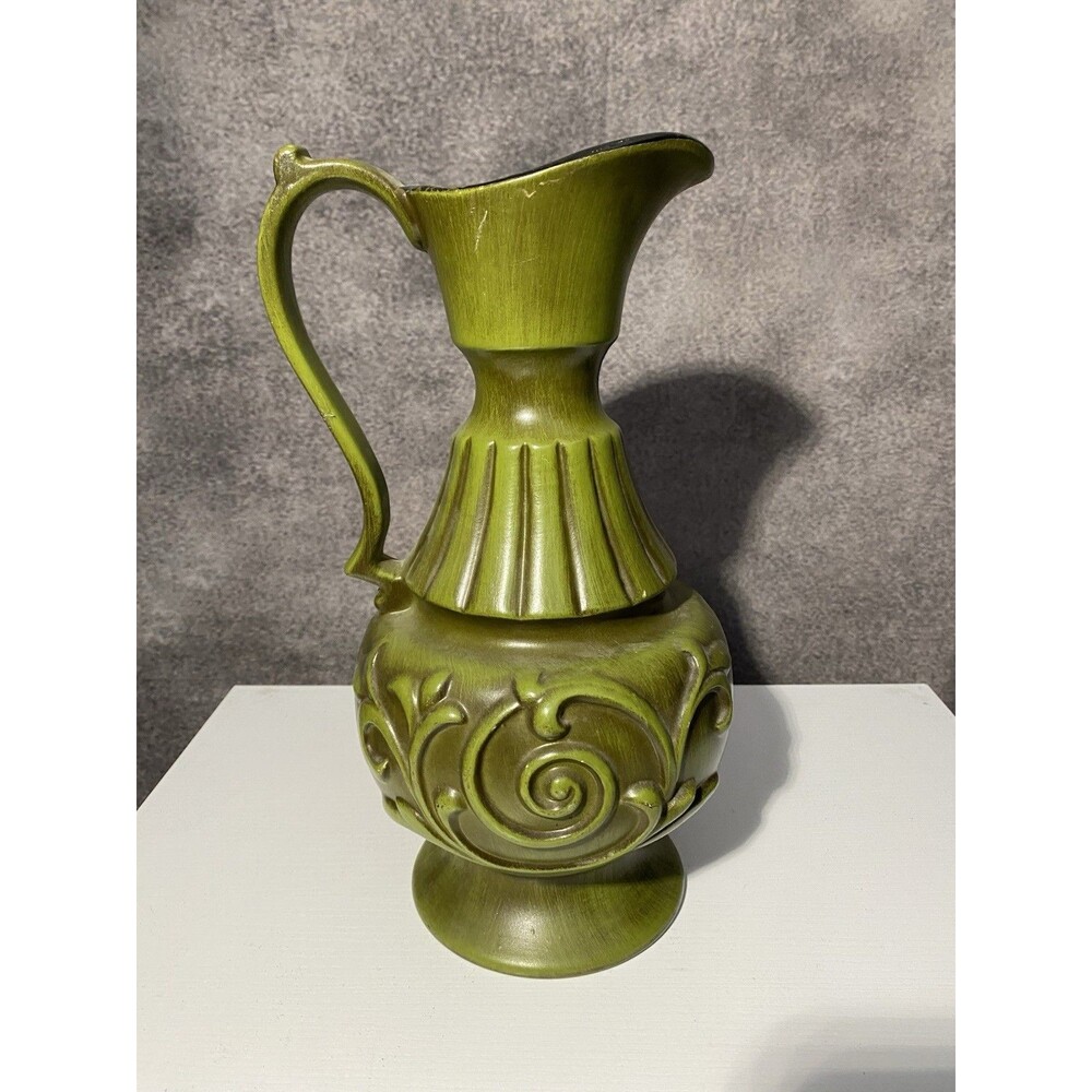 Vintage Haeger USA Green Ceramic Pitcher with Floral Scroll Embossed Design